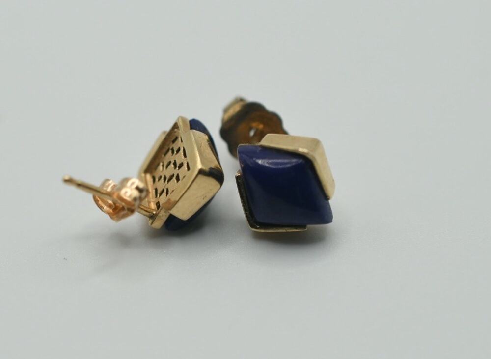 14K Yellow Gold Lapis Lazuli Stud Earrings Geometric Cabochon 2.08g